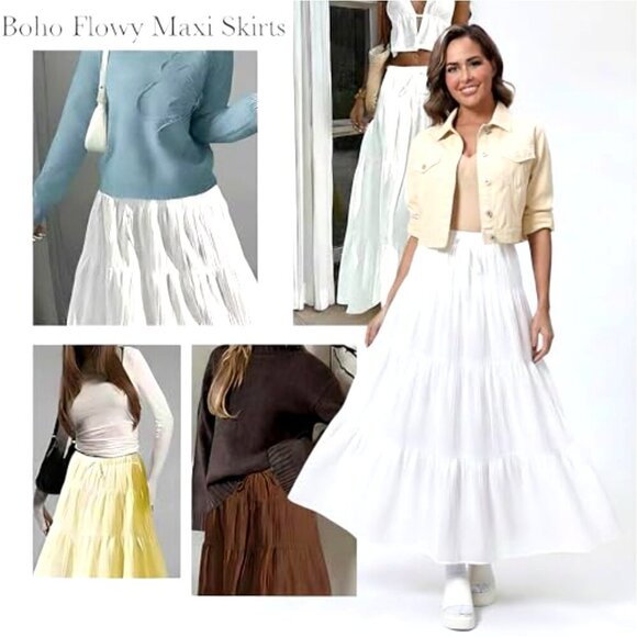 Boho Flowy Maxi Skirt Flared Ruffle Elastic Waist A-Line Chic Summer - Picture 4 of 7